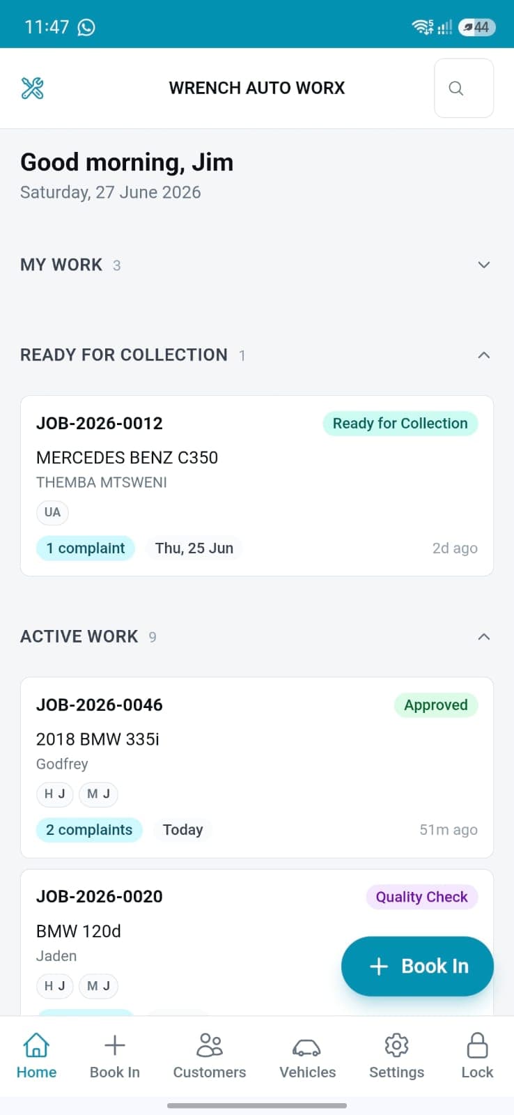Wrench dashboard showing today's jobs