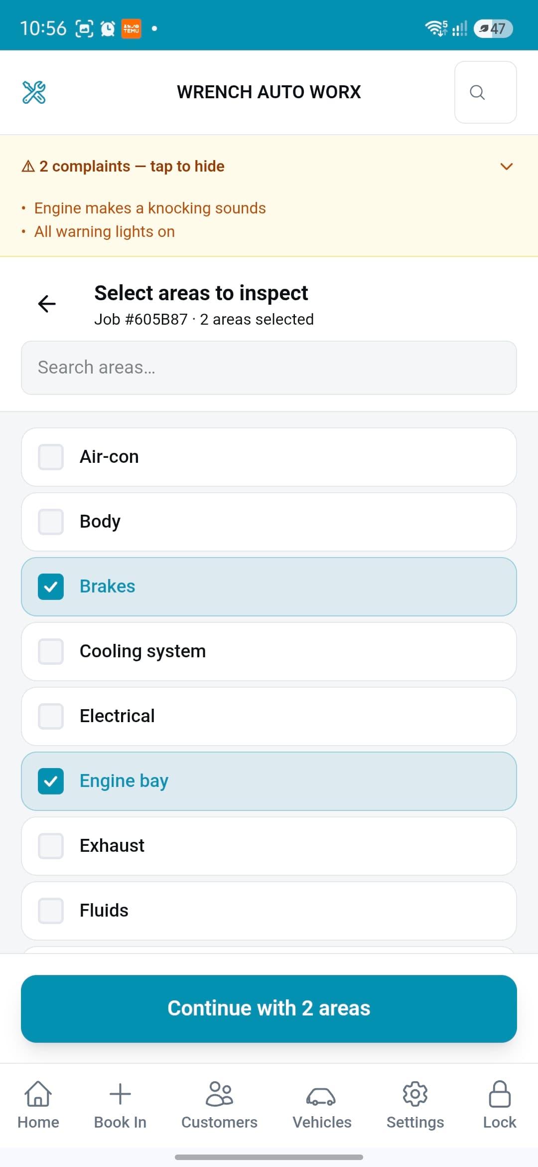 Inspection screen showing each area of the car