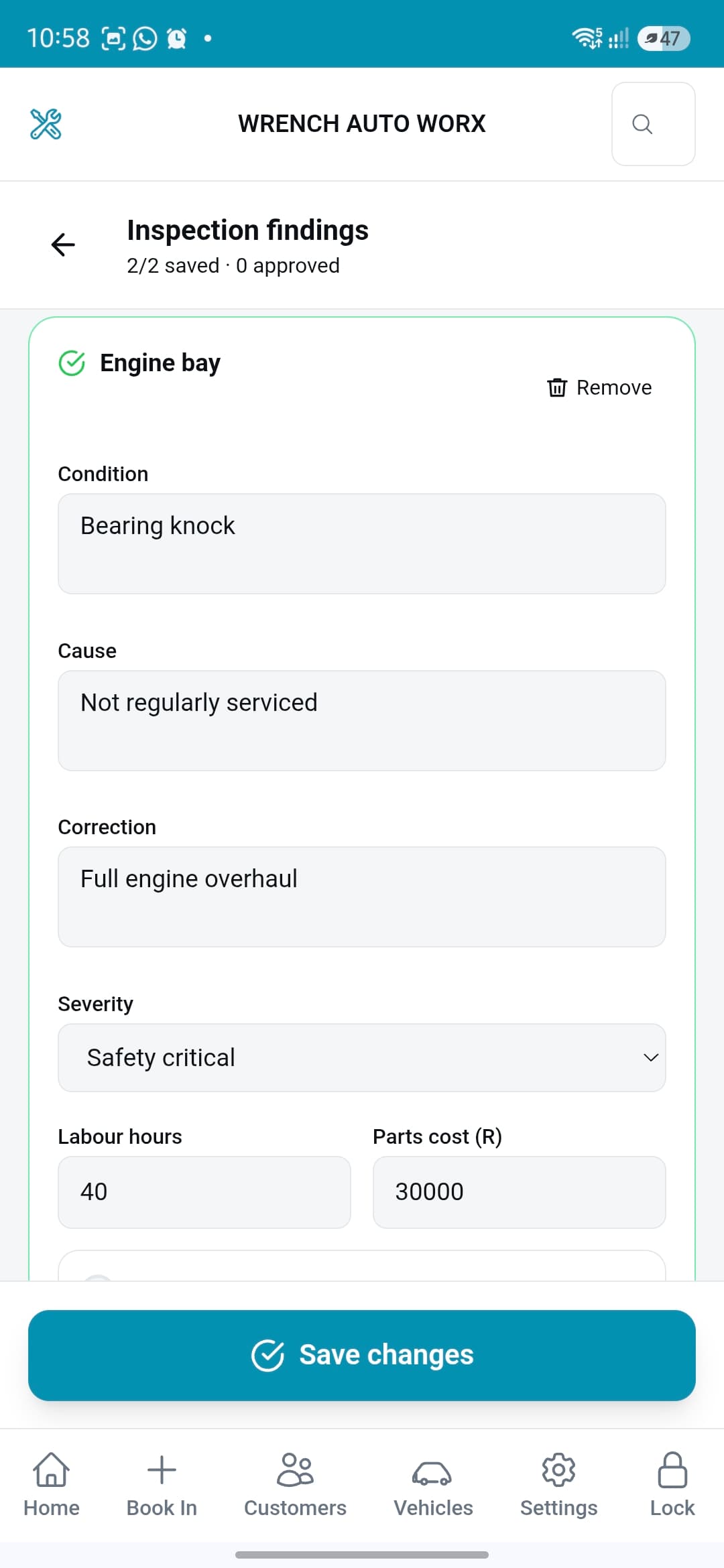 One finding with condition, cause and price