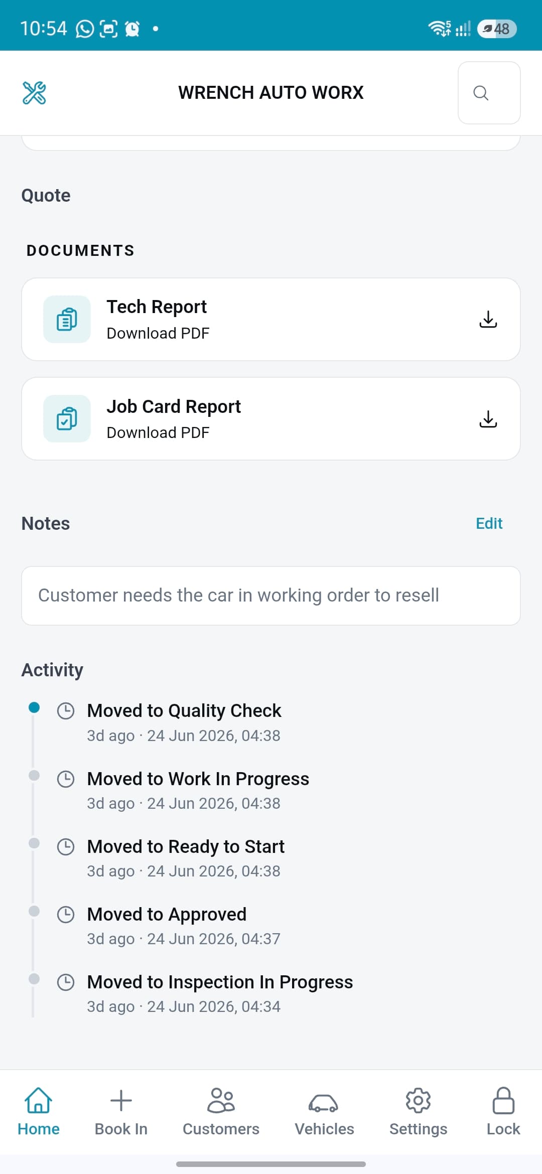 Job card with full activity timeline